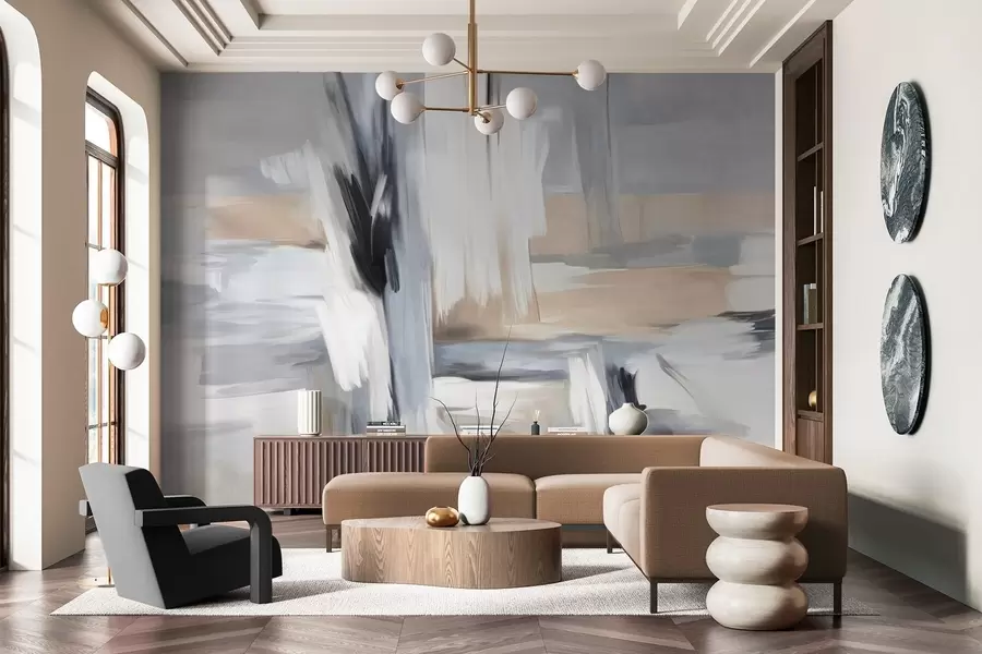 zidne murale Apstraktni teksturirani stil slikanja s potezima kistom u nijansama bijele, sive i bež w09651