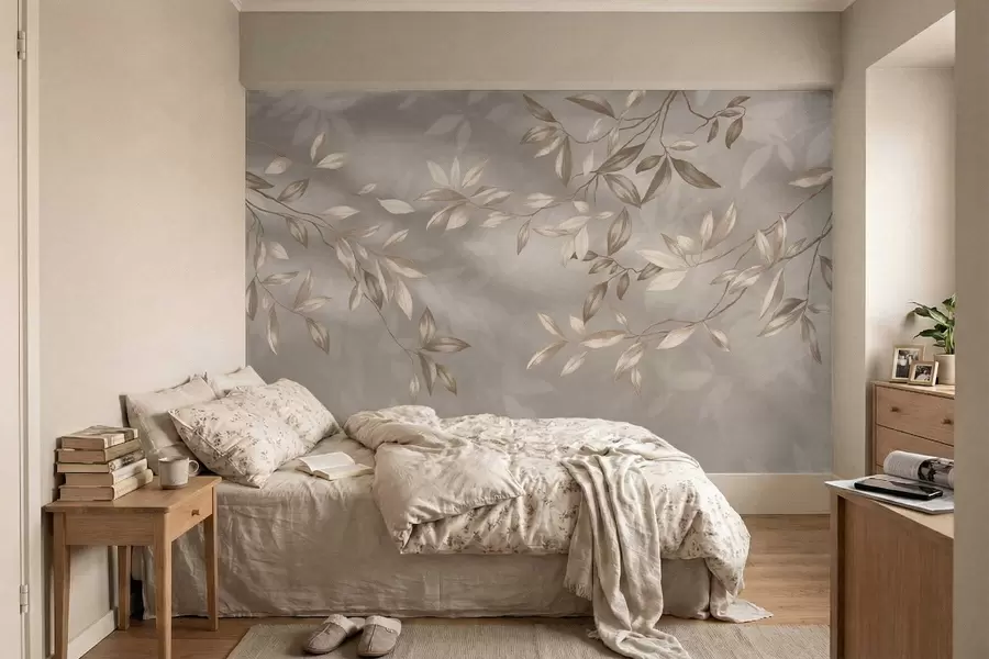 zidne murale Elegantne lisnate grane u bež nijansama na svijetloj pozadini w05113