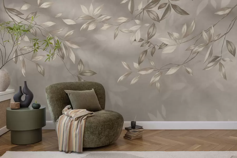 zidne murale Elegantne lisnate grane u bež nijansama na svijetloj pozadini w05113
