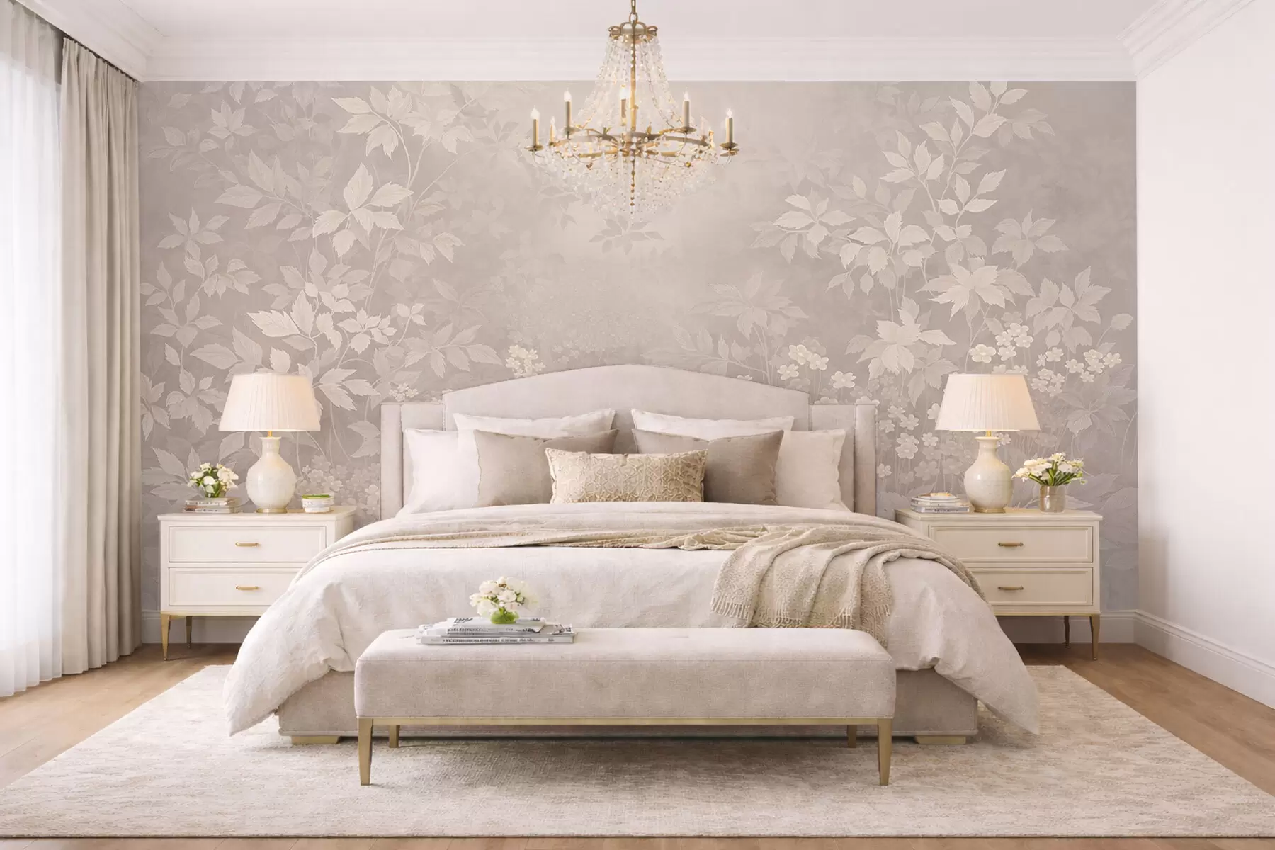 zidne murale Lagani botanički ukras s lišćem i malim cvijećem w05115