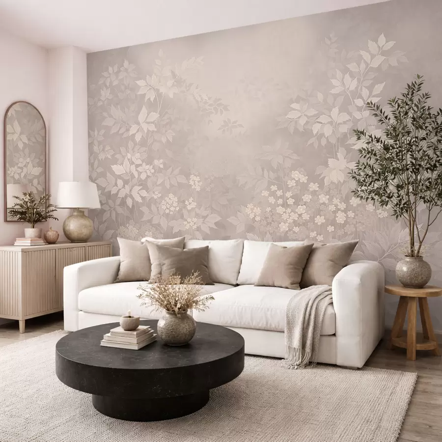 zidne murale Lagani botanički ukras s lišćem i malim cvijećem w05115