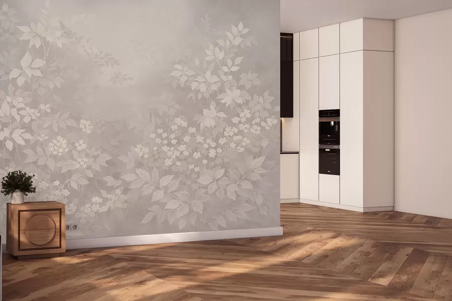 zidne murale Lagani botanički ukras s lišćem i malim cvijećem w05115