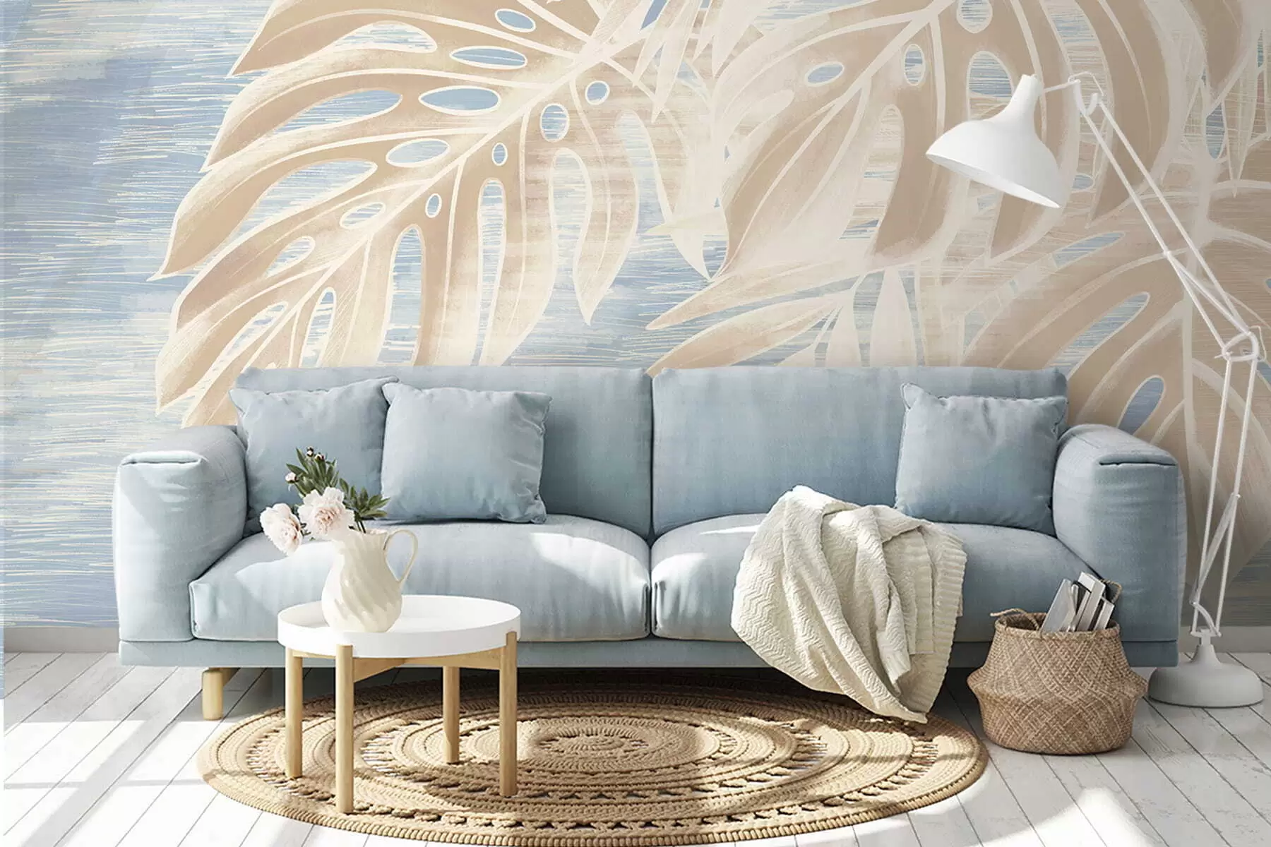 zidne murale Apstraktno lišće u toplim bež tonovima na svijetloj pozadini w05130