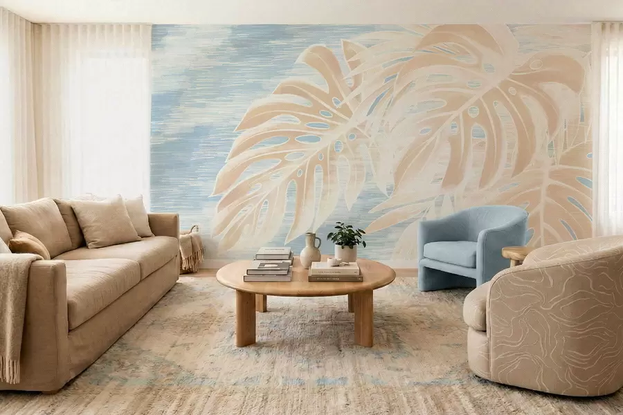 zidne murale Apstraktno lišće u toplim bež tonovima na svijetloj pozadini w05130