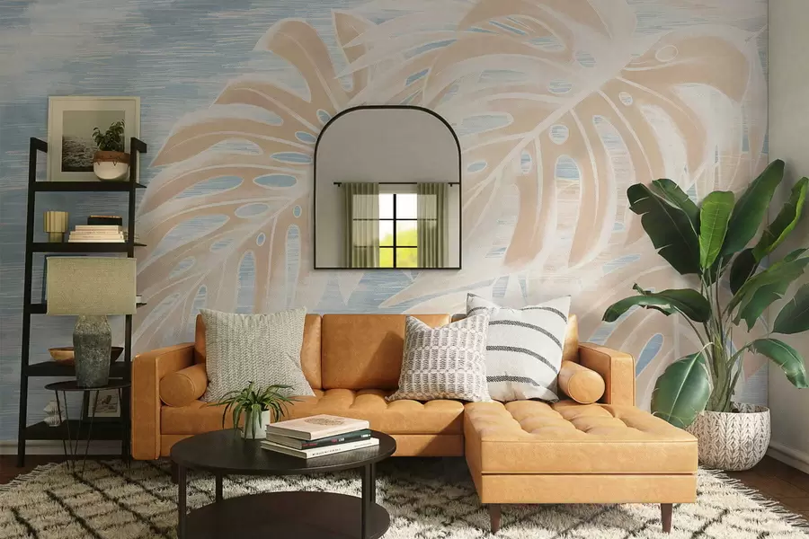 zidne murale Apstraktno lišće u toplim bež tonovima na svijetloj pozadini w05130
