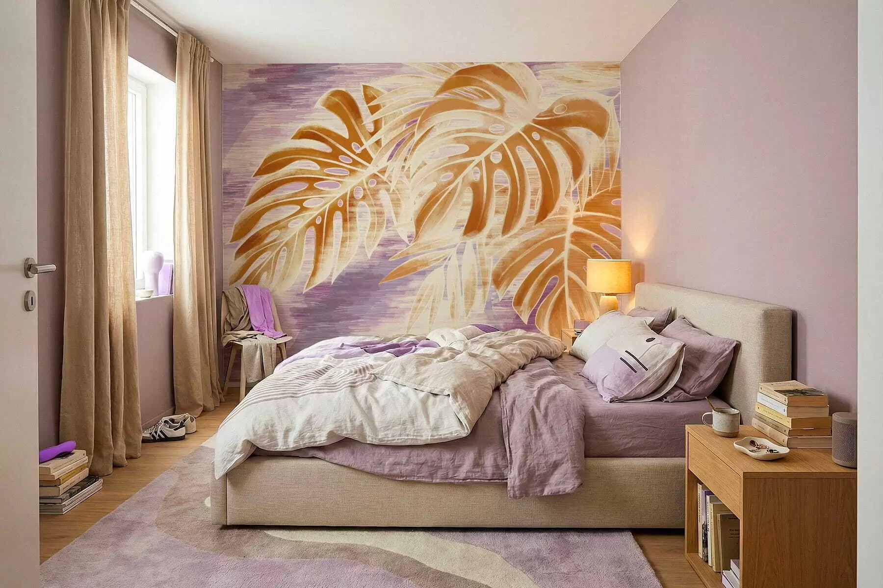 zidne murale Lišće u toplim narančastim tonovima na ljubičastoj pozadini w05130v2