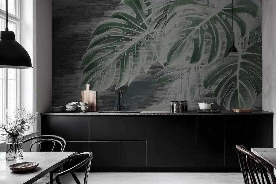 zidne murale Tamnozeleno lišće na teksturiranoj tamnoj pozadini w05130v4
