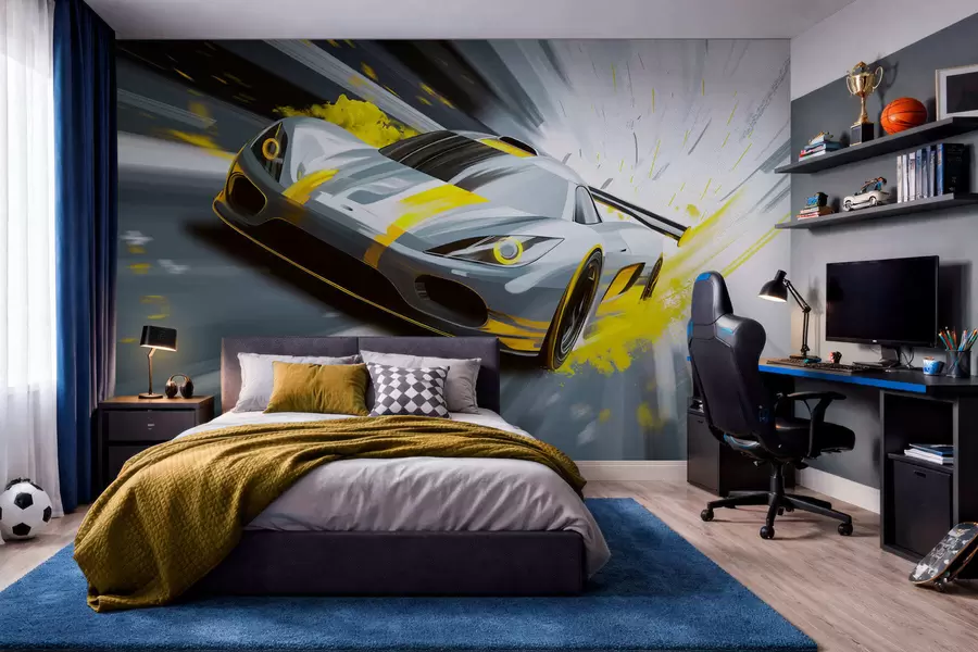 zidne murale dinamičan sportski automobil u digitalnom stilu crtanja sa žutim naglascima w05069v2