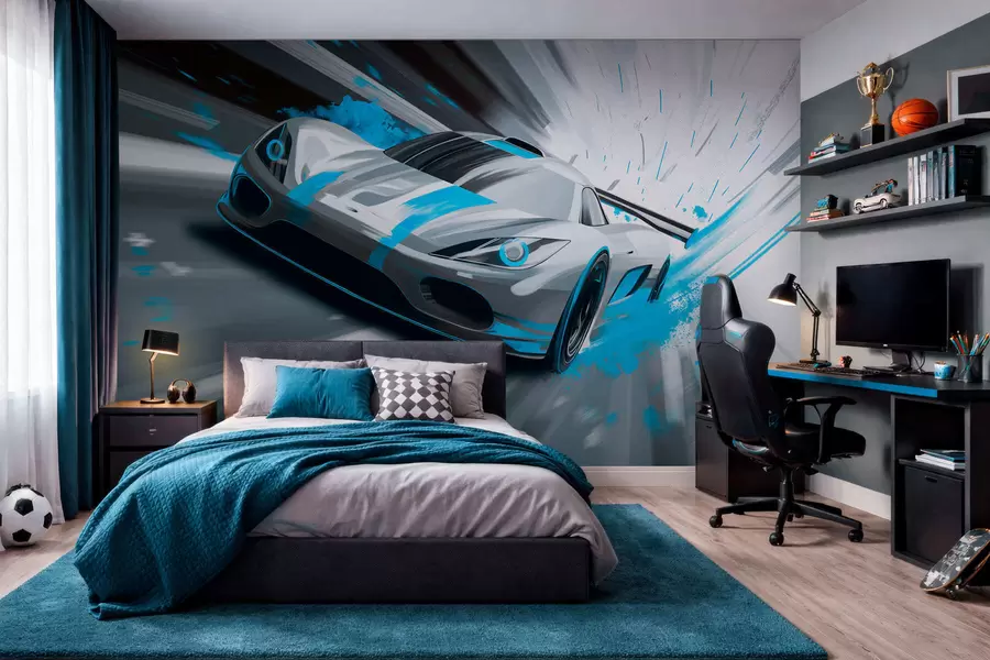zidne murale dinamičan sportski automobil u stilu digitalnog crteža s tirkiznim detaljima w05069v3