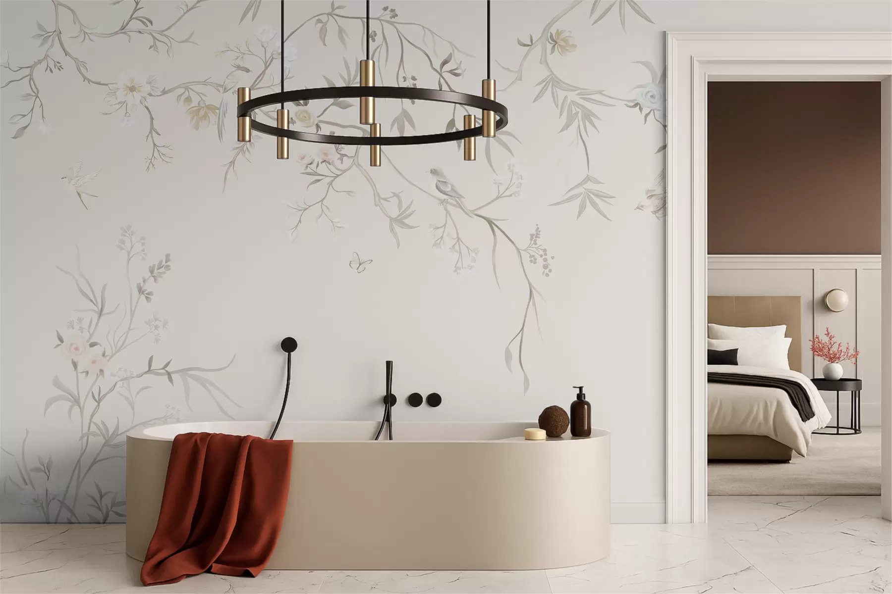 zidne murale Nježno cvijeće i ptice na kredastoj pozadini w05127