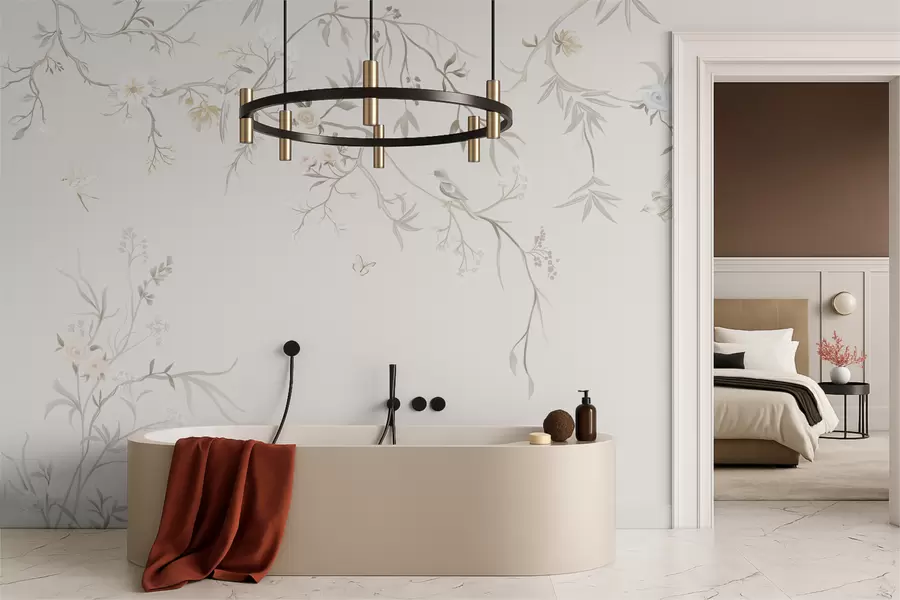 zidne murale Nježno cvijeće i ptice na kredastoj pozadini w05127