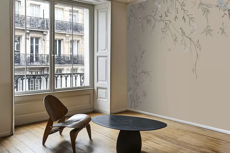 zidne murale Cvjetne grančice s pticama na toploj bež pozadini w05127v1