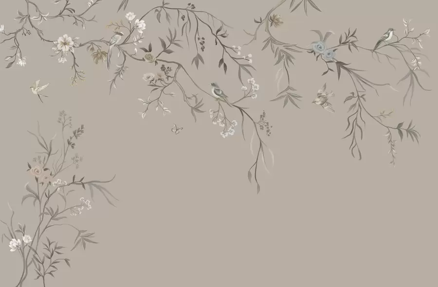 zidne murale Cvjetni ornament s pticama na neutralnoj pozadini w05127v3