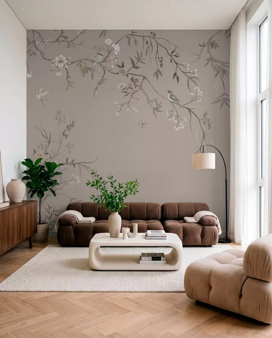 zidne murale Cvjetni ornament s pticama na neutralnoj pozadini w05127v3