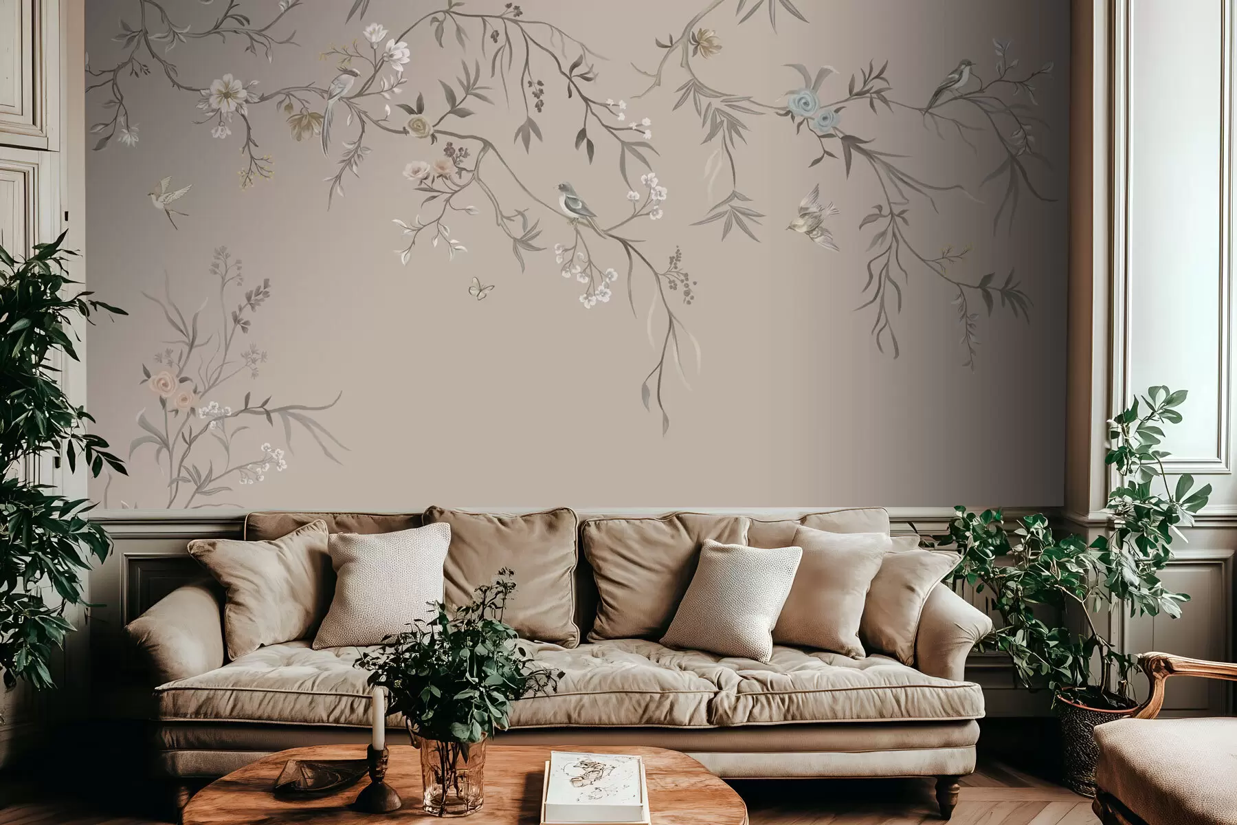 zidne murale Cvjetni ornament s pticama na neutralnoj pozadini w05127v3
