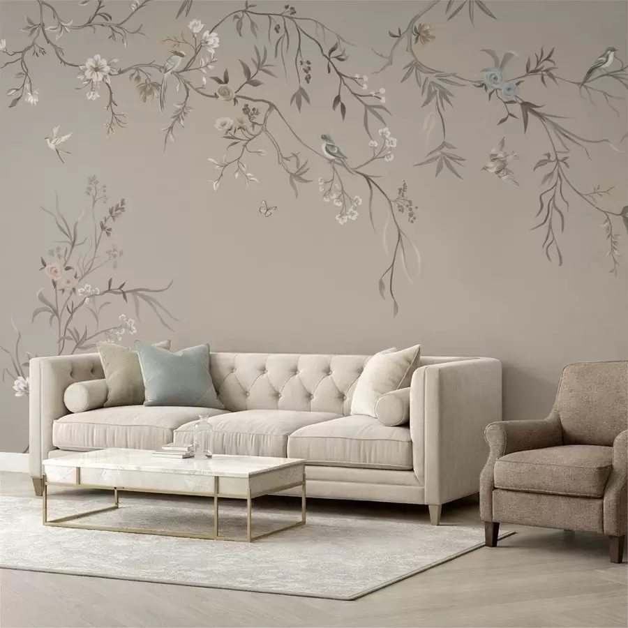 zidne murale Cvjetni ornament s pticama na neutralnoj pozadini w05127v3