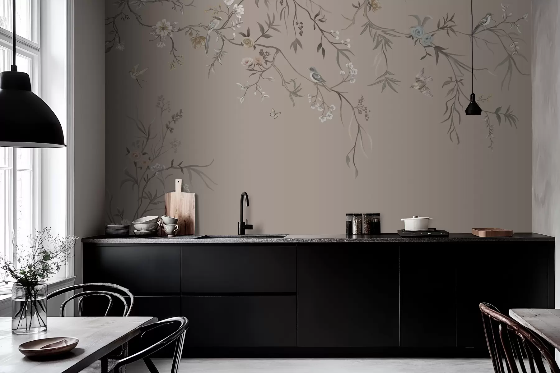 zidne murale Cvjetni ornament s pticama na neutralnoj pozadini w05127v3
