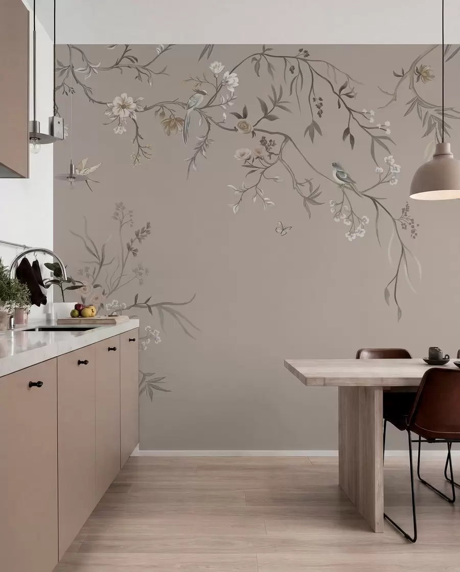 zidne murale Cvjetni ornament s pticama na neutralnoj pozadini w05127v3
