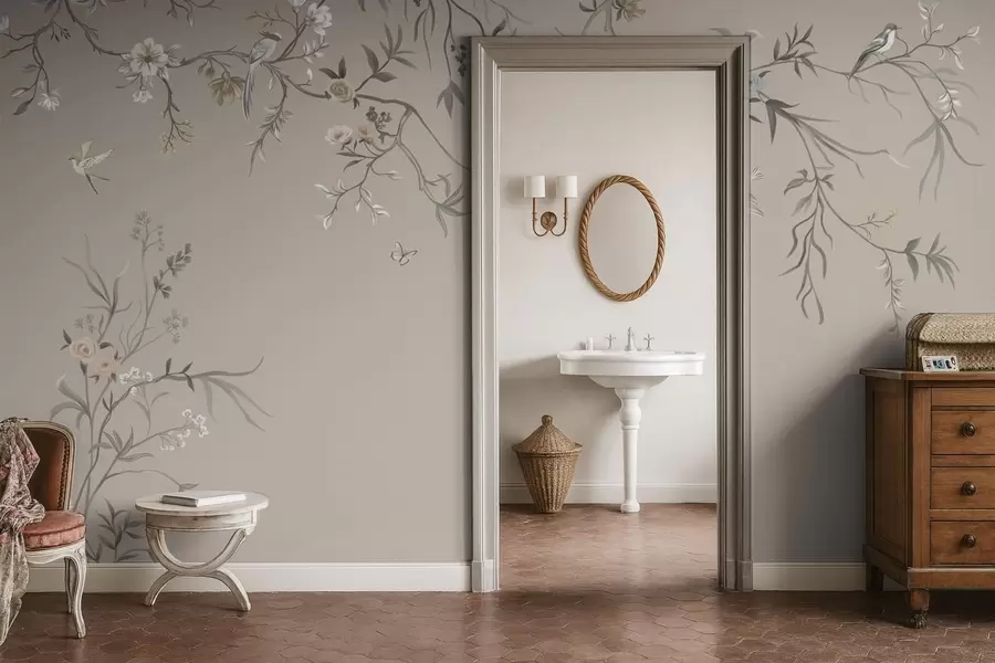 zidne murale Cvjetni ornament s pticama na neutralnoj pozadini w05127v3