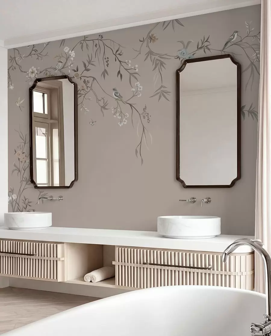 zidne murale Cvjetni ornament s pticama na neutralnoj pozadini w05127v3