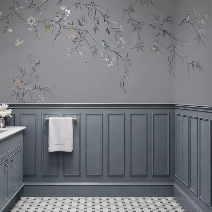 zidne murale Cvjetne grane s pticama na zelenkastoj pozadini w05127v5