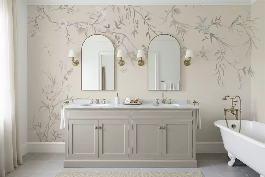 zidne murale Cvjetne grane s pticama na svijetloj pozadini w05127v7