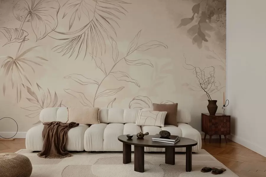 zidne murale Linearne biljke na teksturiranoj bež pozadini w05128