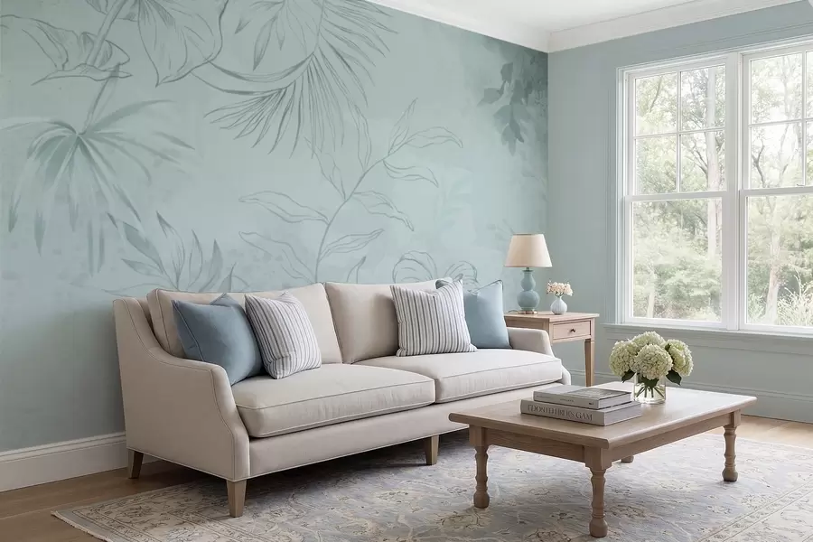 zidne murale Linearne biljke na mekoj zelenkastoj pozadini w05128v1