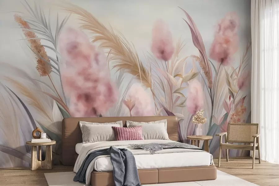 zidne murale Ružičasta i bež pampas trava i ostalo suho cvijeće s mekim, maglovitim nebom u pozadini w09635