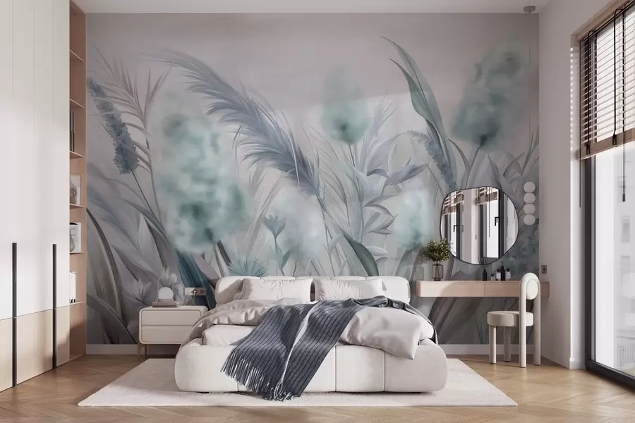 zidne murale Plava i siva pampas trava i ostalo suho cvijeće s mekim, maglovitim nebom u pozadini w09635v1
