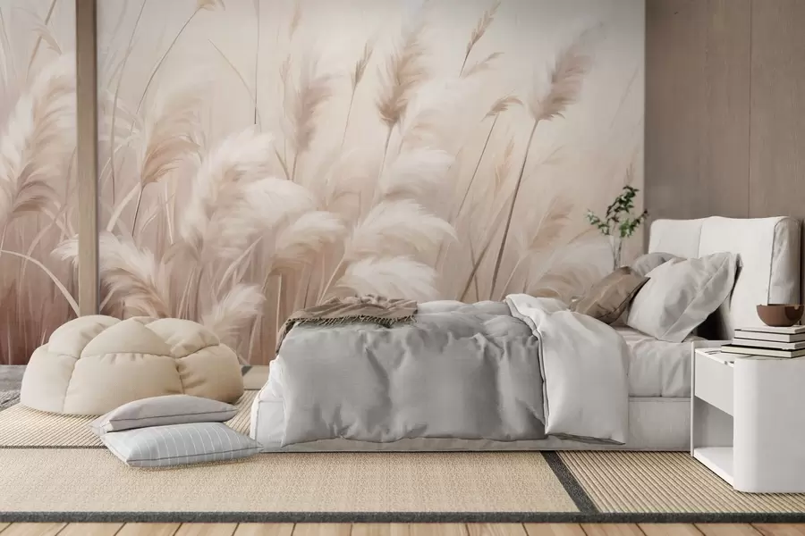 zidne murale Visoka, teksturirana pampas trava u mekim, toplim, neutralnim tonovima, s mutnom, svijetlom pozadinom w09637