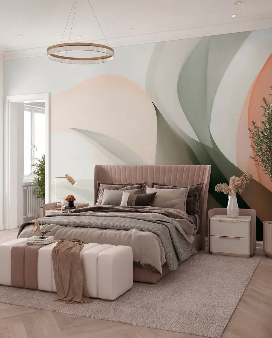 zidne murale Apstraktni pastelni valovi u narančastim i zelenim tonovima w09718