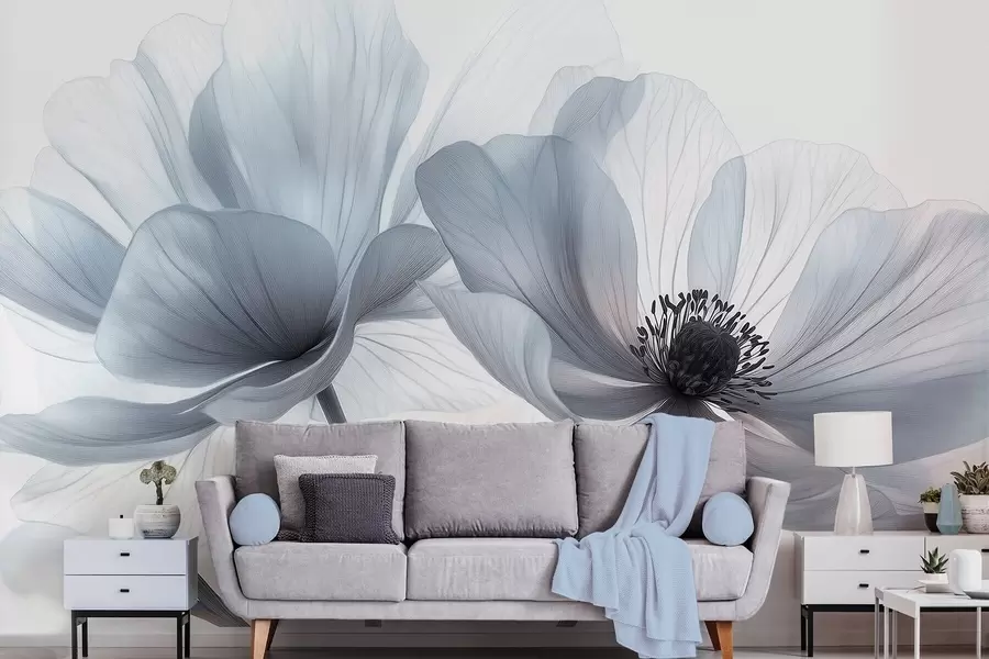 zidne murale Prozirni plavkasto-bijeli cvjetovi na svijetloj pozadini w09720