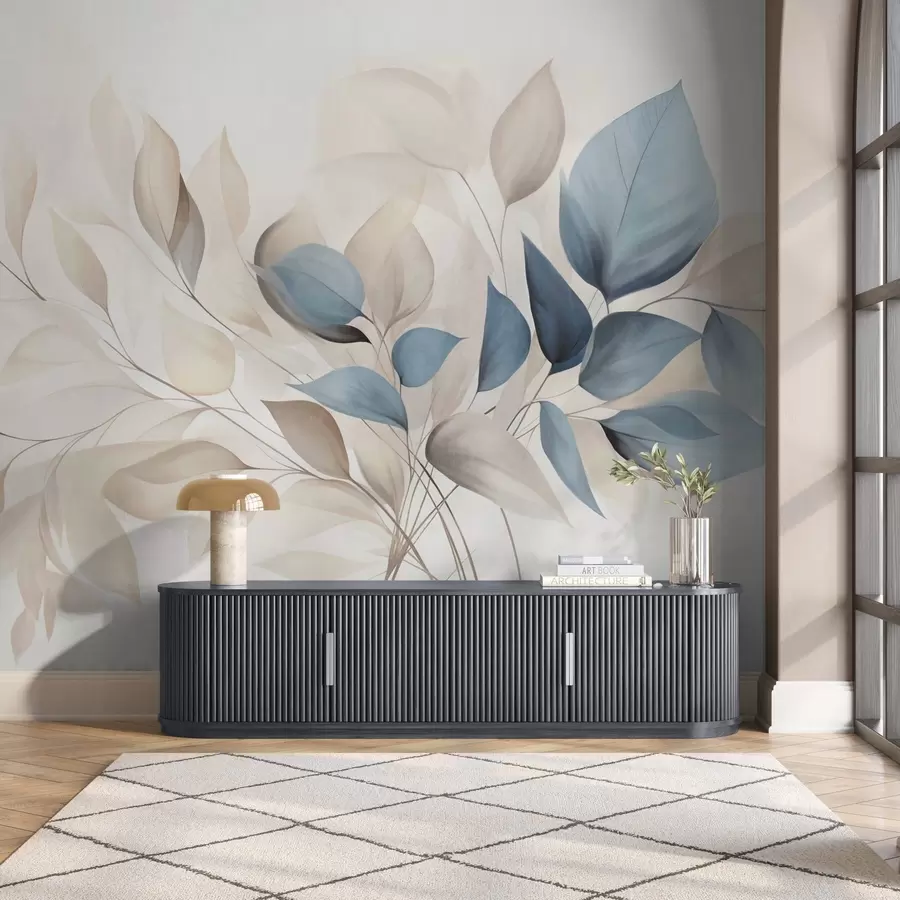 zidne murale Apstraktno prozirno lišće u nijansama plave, bež i krem, teksturirana umjetnost w09744