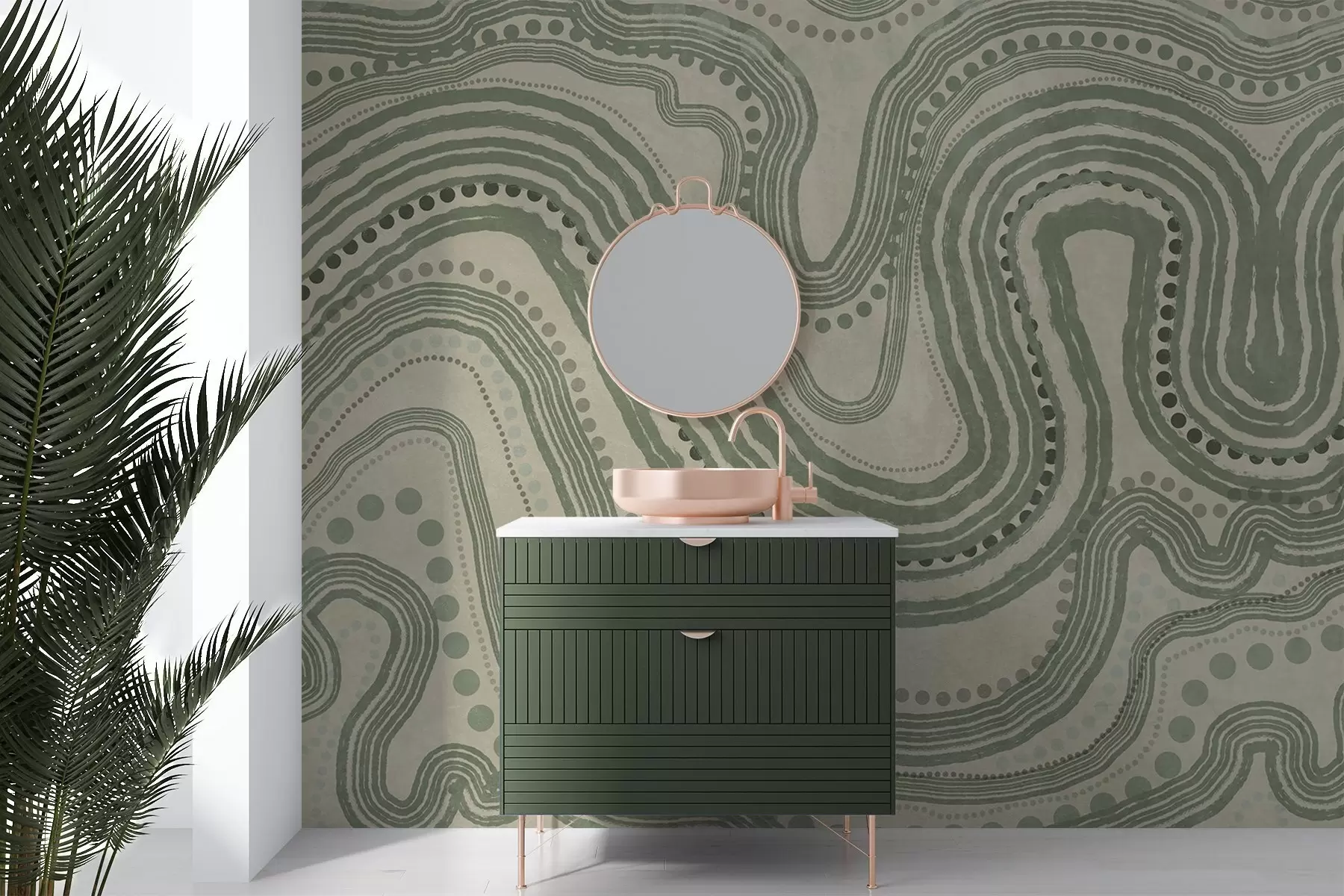 zidne murale Apstraktne zelene i bež valovite linije i točkice, moderna teksturirana umjetnost w09747