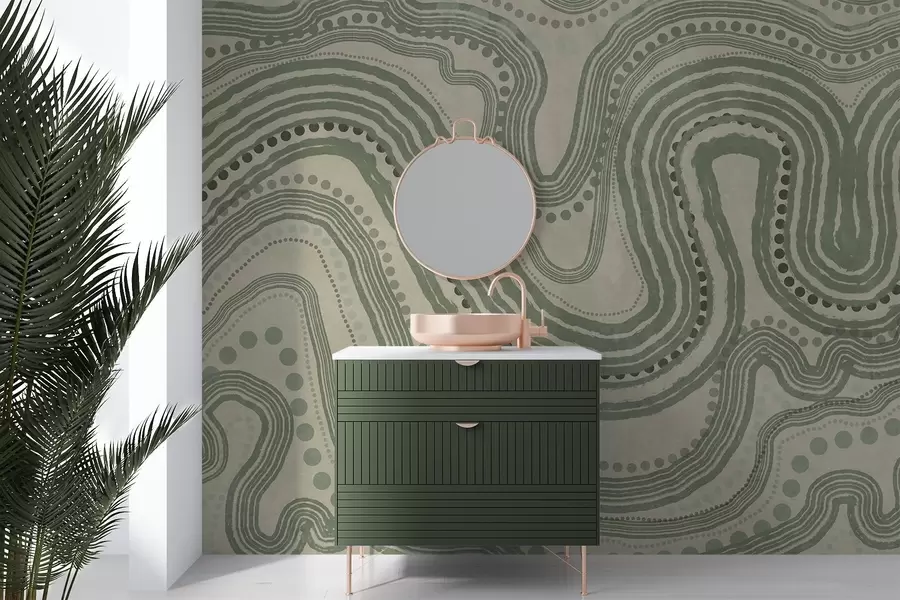 zidne murale Apstraktne zelene i bež valovite linije i točkice, moderna teksturirana umjetnost w09747