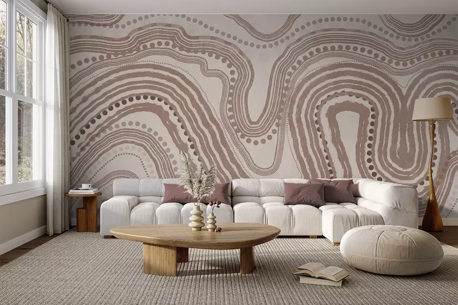 zidne murale Apstraktne smeđe i bež valovite linije i točkice, moderna teksturirana umjetnost w09747v1