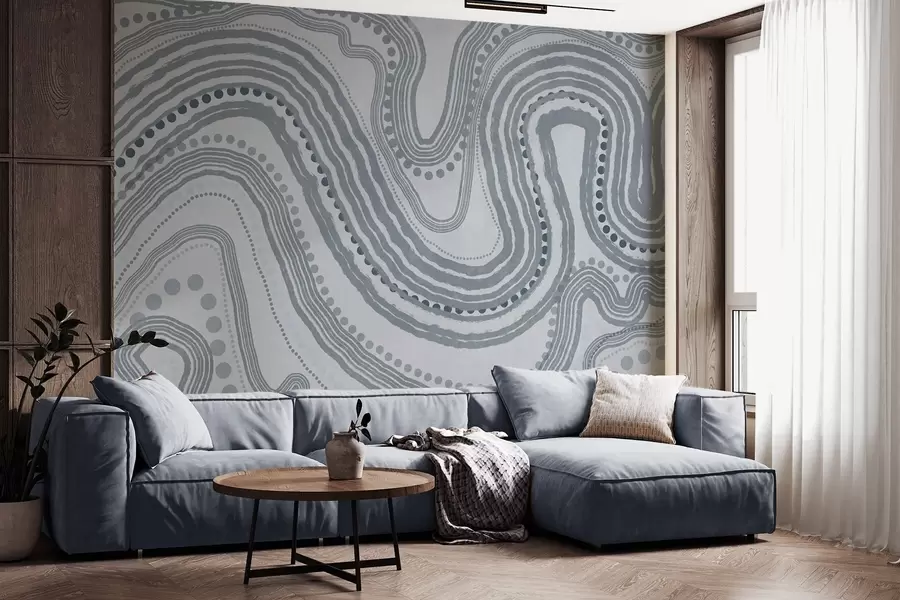 zidne murale Apstraktne plave valovite linije i točkice, moderna teksturirana umjetnost w09747v3