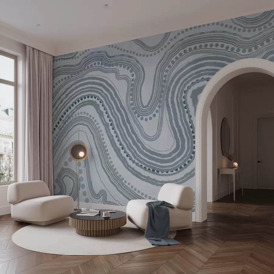 zidne murale Apstraktne plave valovite linije i točkice, moderna teksturirana umjetnost w09747v3