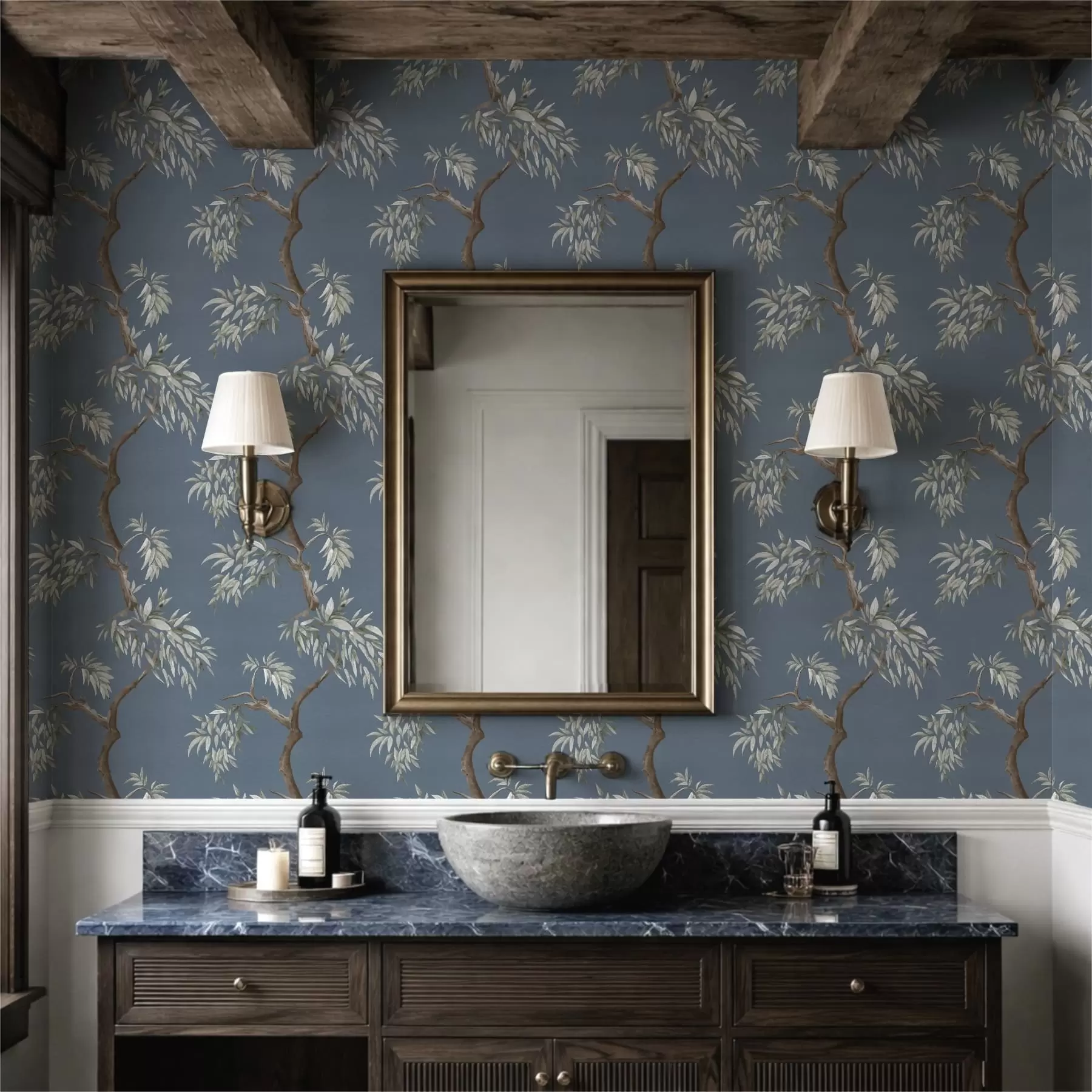 zidne murale Grana drveta s lišćem na plavoj pozadini a01117