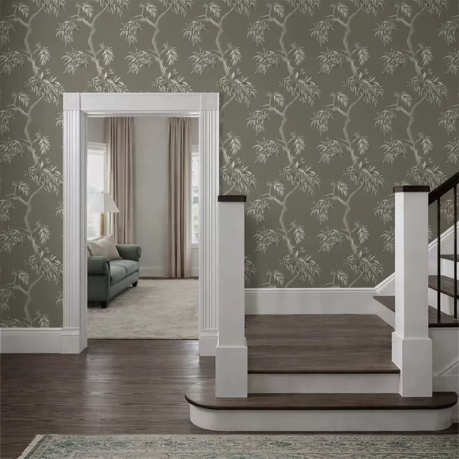 zidne murale Svijetla grana s lišćem na maslinastoj pozadini a01117v1