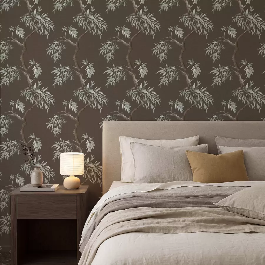 zidne murale Grana drveta s lišćem na smeđoj pozadini a01117v3