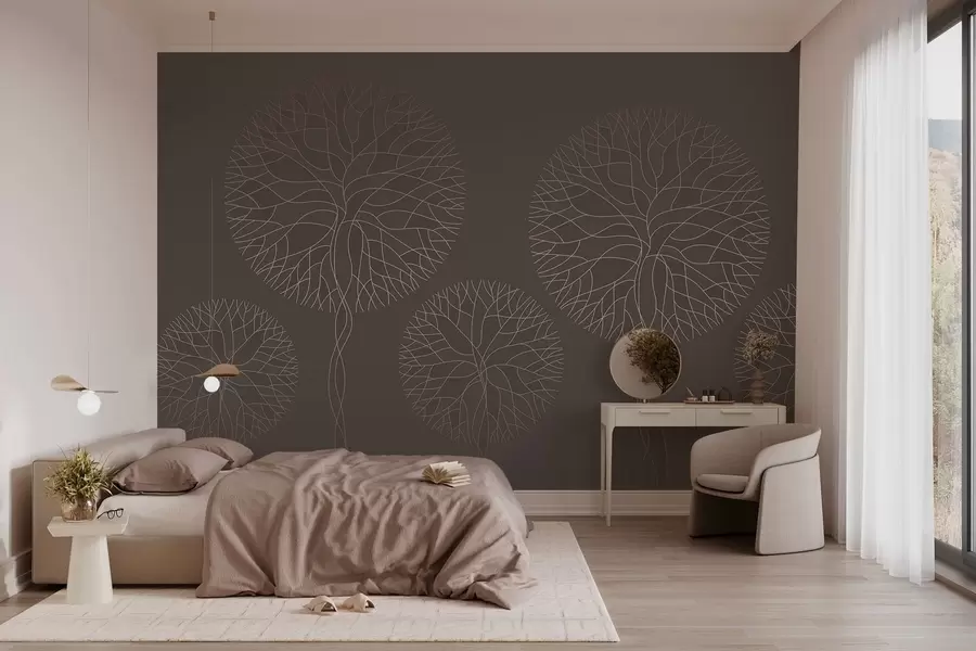 zidne murale Fantastična linearna stabla s bujnim krošnjama u elegantnim moka tonovima w05213v1