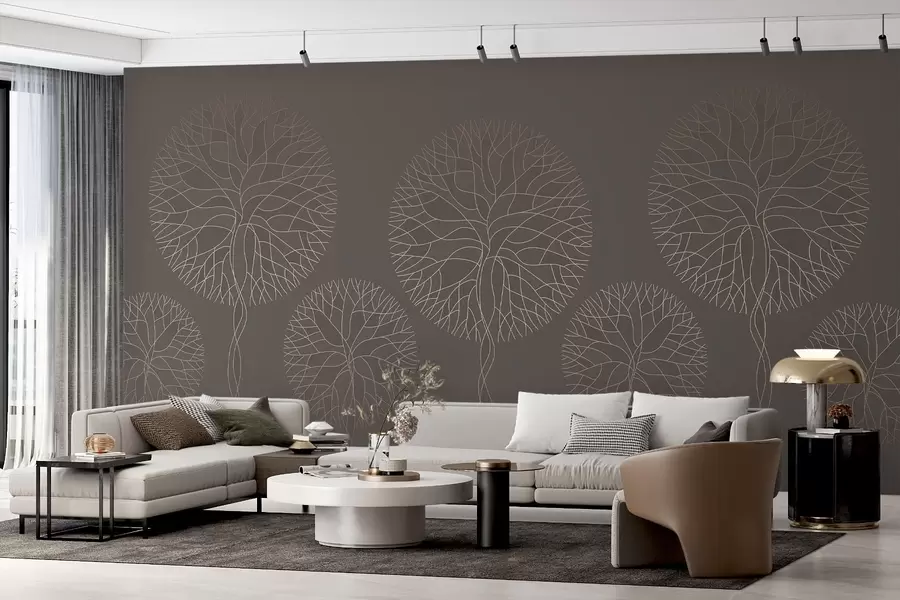 zidne murale Fantastična linearna stabla s bujnim krošnjama u elegantnim moka tonovima w05213v1