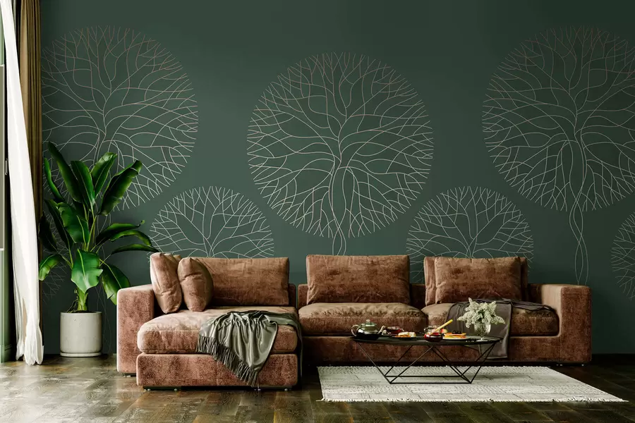 zidne murale Fantastična linearna stabla s bujnim krošnjama u elegantnim tamnozelenim tonovima w05213v2