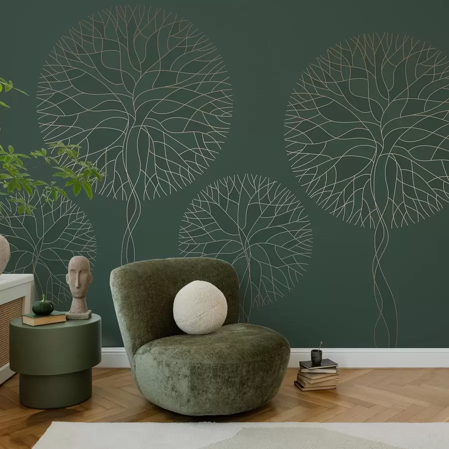 zidne murale Fantastična linearna stabla s bujnim krošnjama u elegantnim tamnozelenim tonovima w05213v2