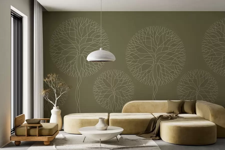 zidne murale Fantazijska linearna stabla s bujnim krošnjama u kaki tonovima w05213v7