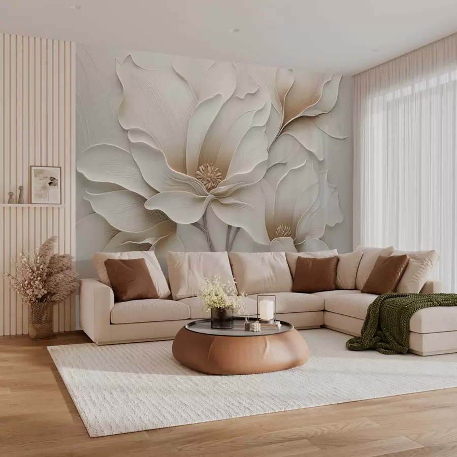 zidne murale Reljefni bež cvijet s reljefom izbliza w05269