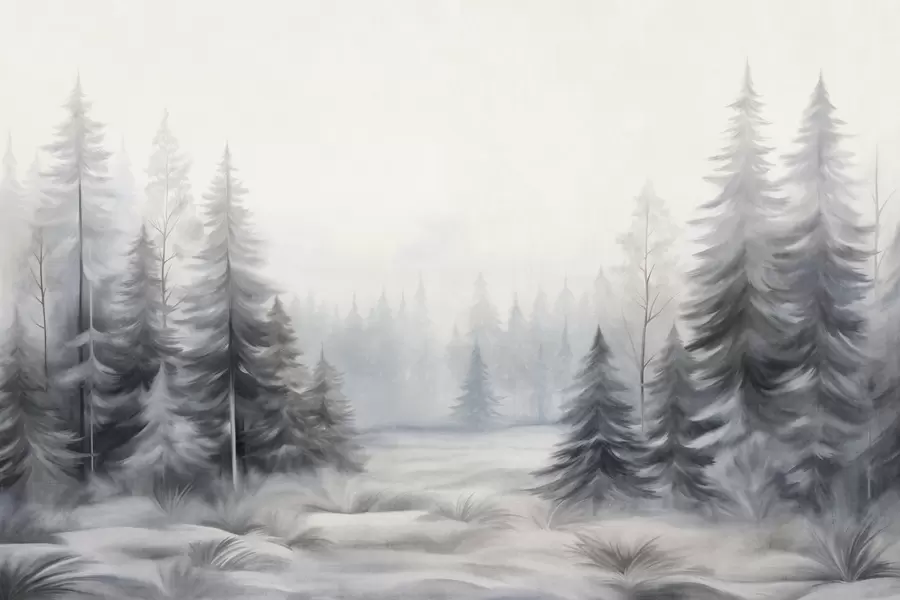 zidne murale Teksturirano zimsko šumsko drveće u magli, u prigušenim sivim i bijelim tonovima w09745