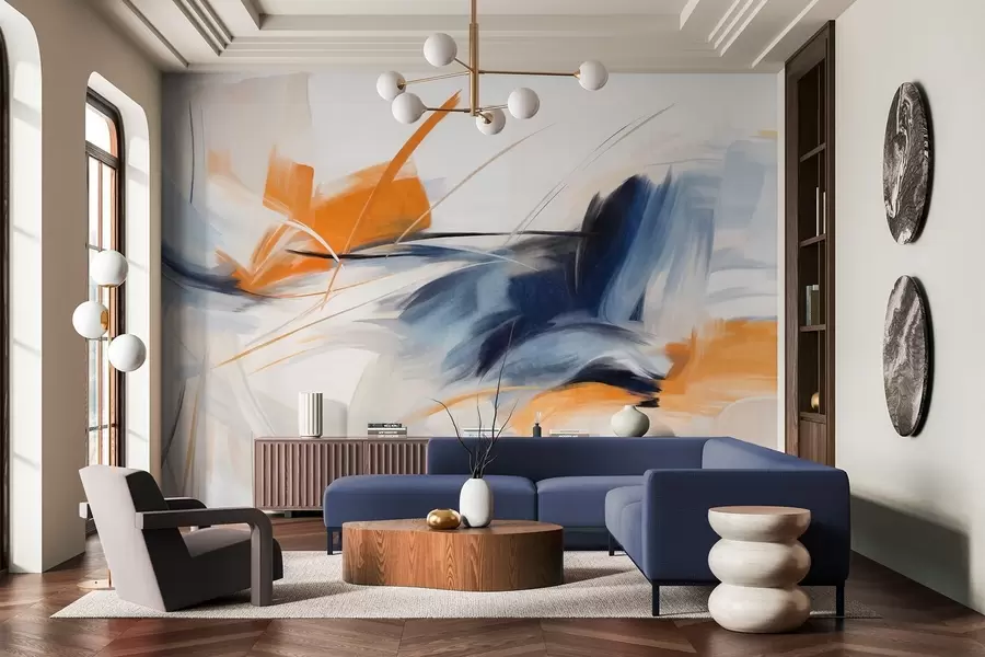 zidne murale Apstraktni stil slikanja s teksturiranim potezima kista u narančastoj i plavoj boji w09755